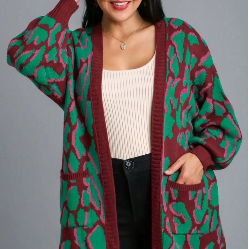 Umgee Animal Print Cardigan Sweater with Side Pockets